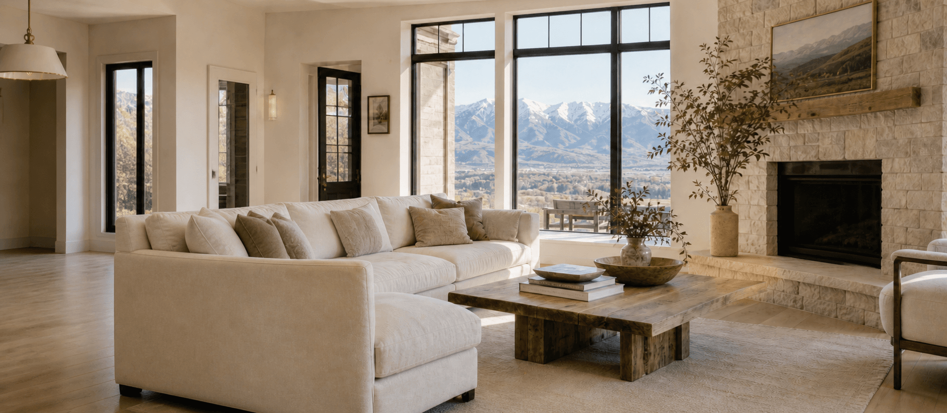 A sunlit living room with natural stone, linen seating, and views of the Utah mountains
